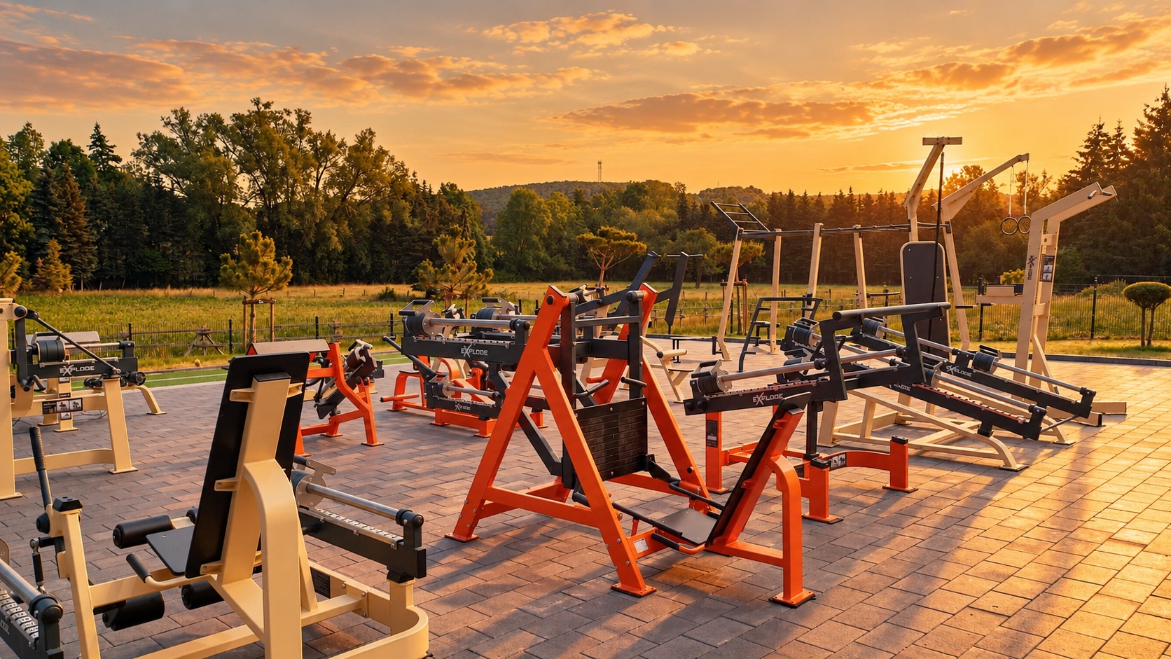 Outdoor-Fitnesspark im goldenen Abendlicht(1) Free Fit Fitnessstudio Husen bei Lichtenau Außenbereich Ansicht